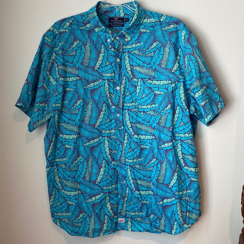 Vineyard Vines Men’s Blue Island Palms Slim Fit Murray Shirt- Size 2X